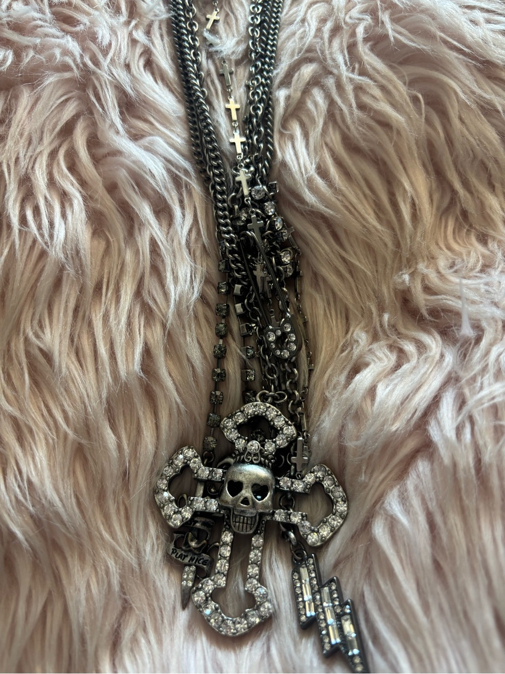 Rhinestone Skull Cross Pendant Necklace - Black Silver - Picture 3 of 6